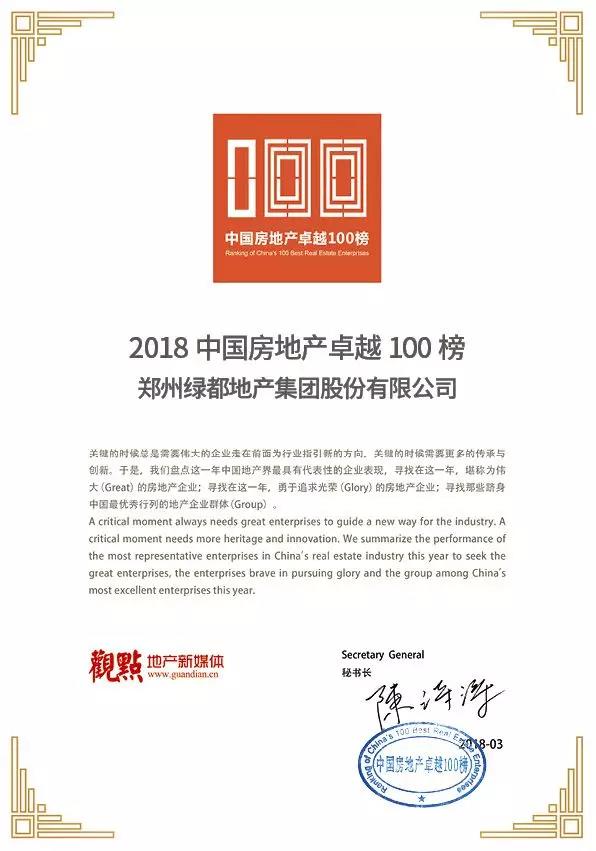 再获佳绩，，，皇家国际地产荣登“2018中国房地产卓越100榜”